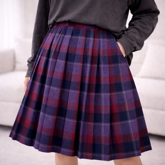 Oscar de la Renta Vintage Plaid‎ Wool Pleated Midi Skirt - Size 13 14